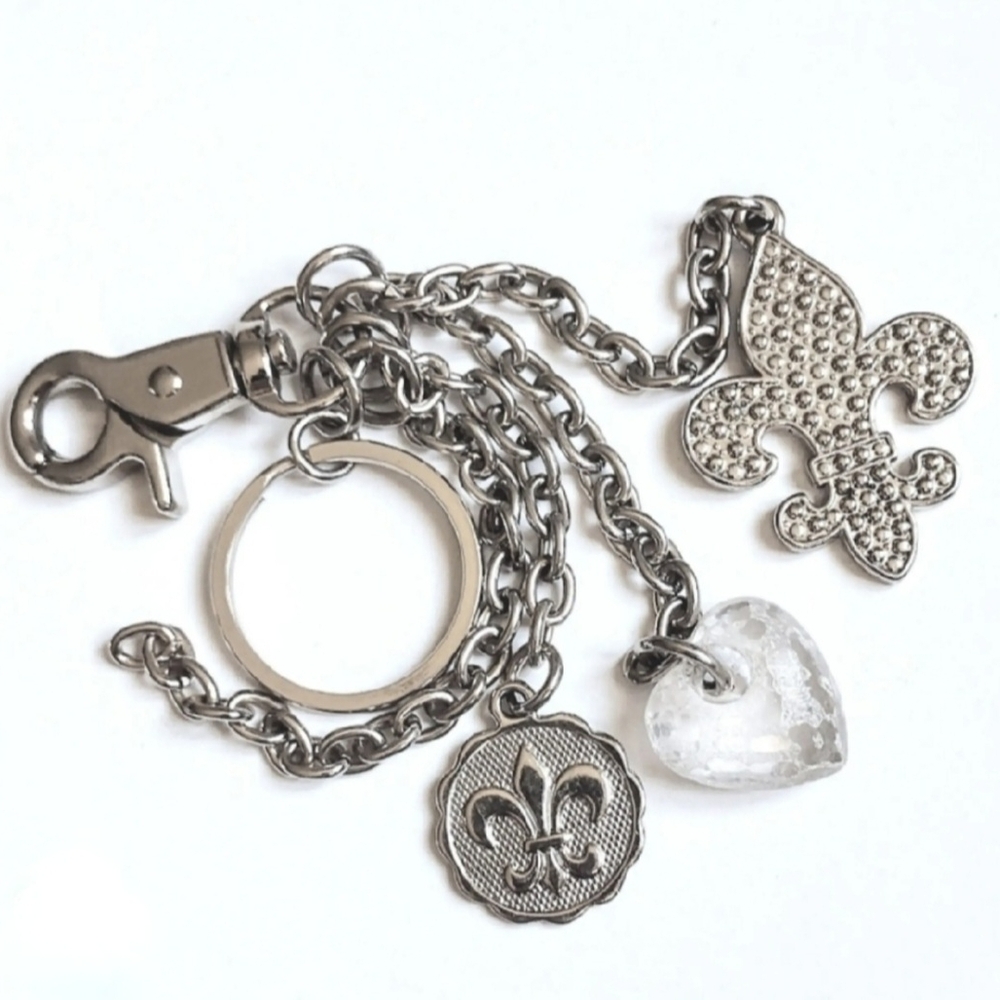 Kathy Van Zeeland Silver Fleur-de-Lis and Heart Charm Keychain